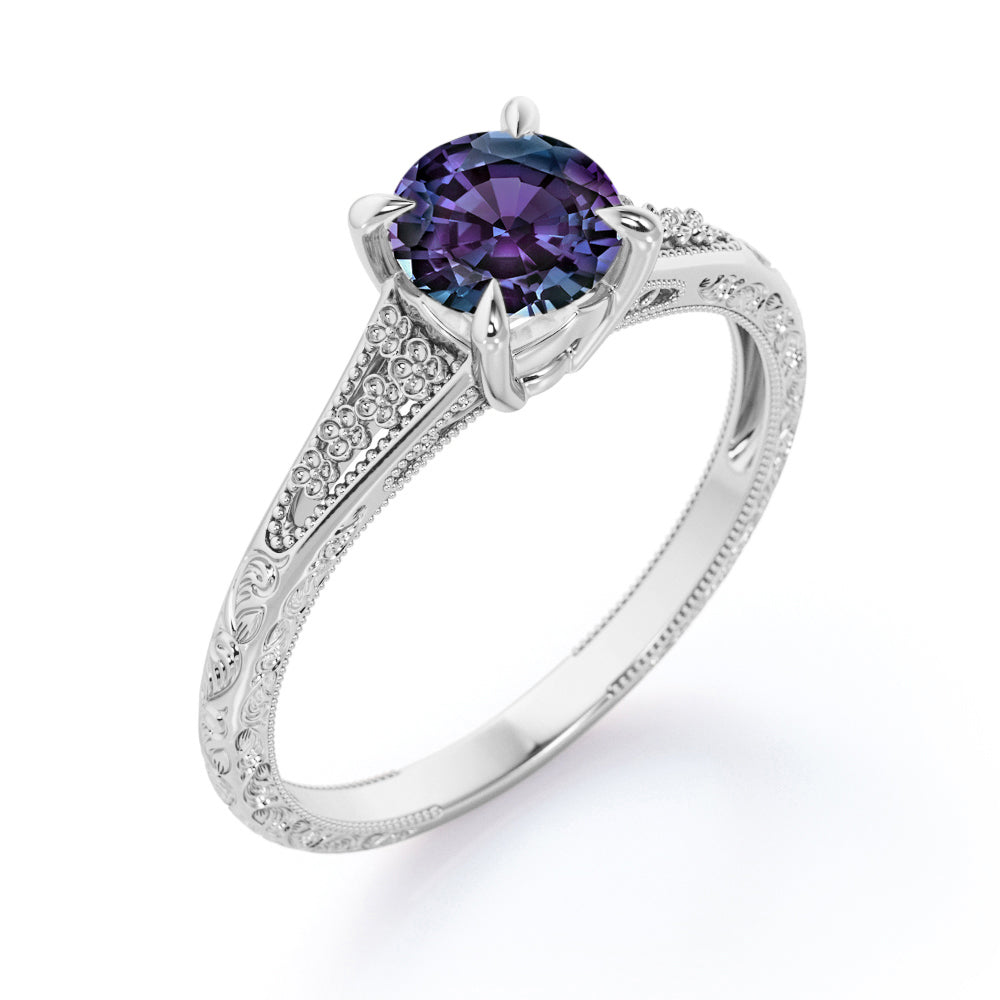 Floral Shank 1 carat Round cut Lab created Alexandrite solitaire engagement ring in Rose gold
