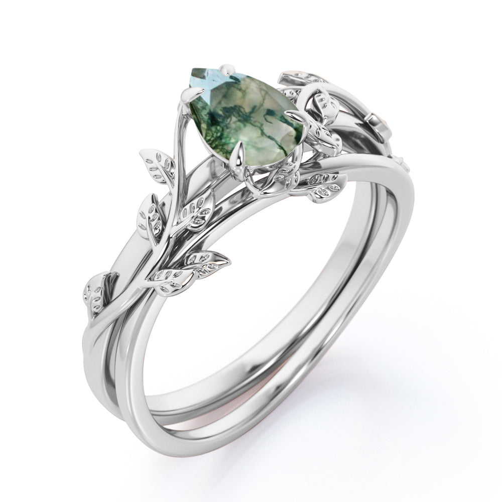 Floral Solitaire 1 carat pear cut Moss green Agate and diamond - 4 Prong set - Wedding Bridal set for her in gold