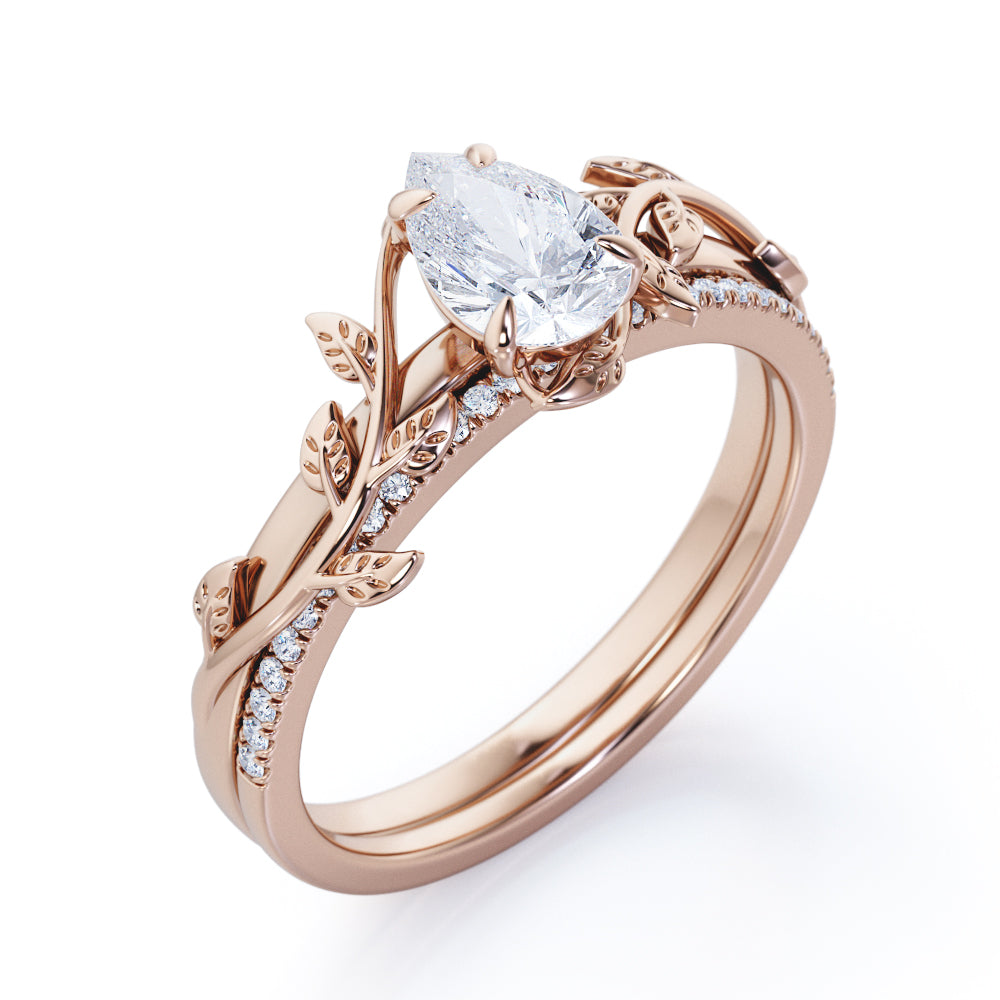 Stylish nature inspired 1.25 carat Pear cut Moissanite and diamond pave set wedding ring set for women