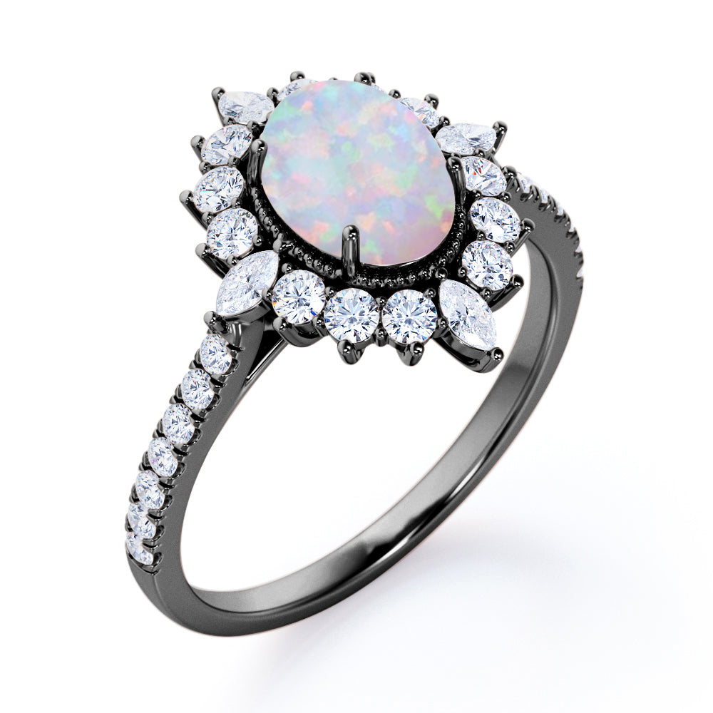 Milgrain Cluster 1.30 carat Oval cut Welo Opal and diamond snowflake engagement ring in rose gold