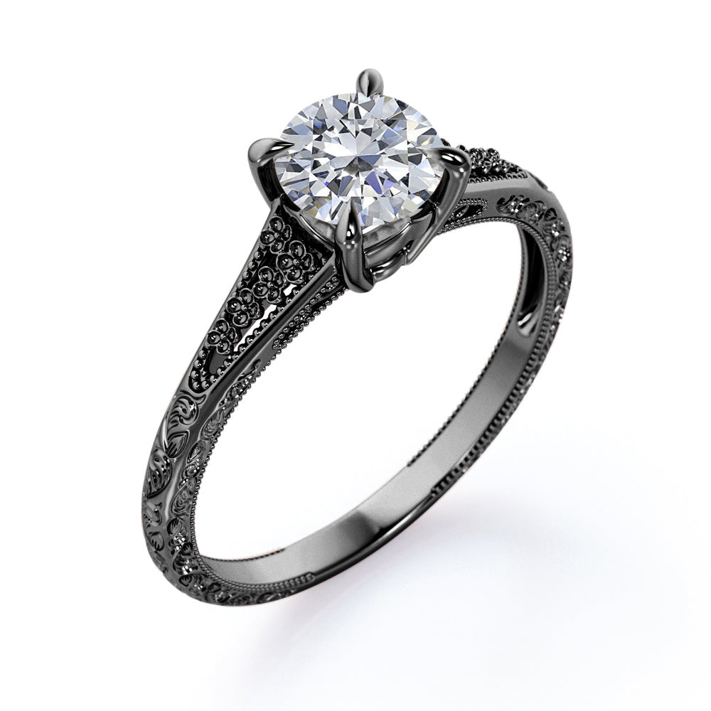 Floral art inspired 1 carat Round cut Moissanite split shank engagement ring in Rose gold