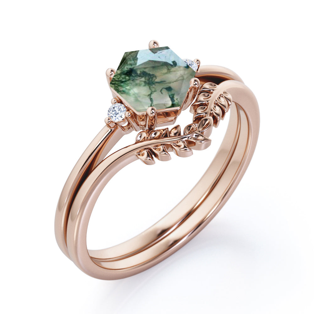 Earthy Three stone 0.55 carat Hexagon shaped Moss Green Agate and diamond antique style wedding ring set in Black gold