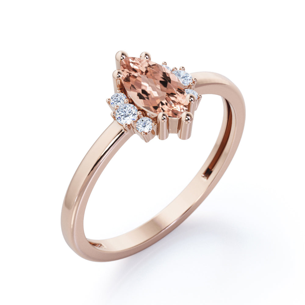 Butterfly style inspired 1.15 carat Marquise shaped Morganite and diamond floral engagement ring in White gold