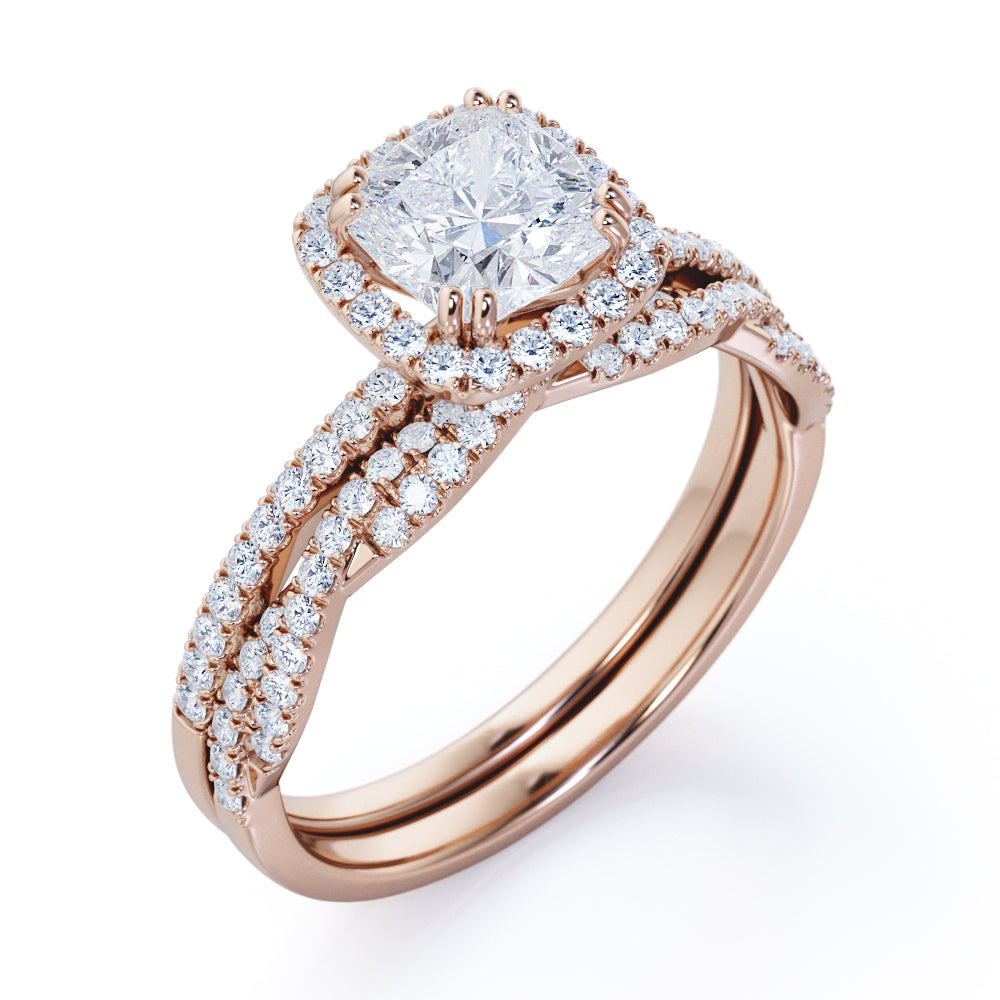 Elegant 1.65 carat Cushion cut Moissanite and diamond art deco wedding ring set for women in gold