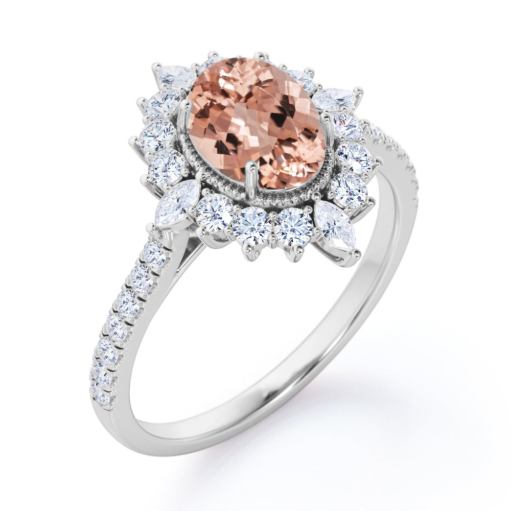 Clustered Antique Halo 1.5 carat Oval Morganite and diamond snowflake engagement ring in Rose gold