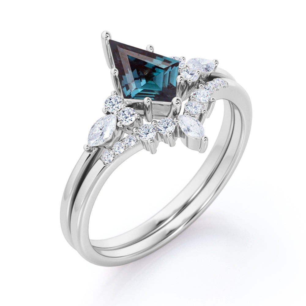 Artdeco 1.25 carat Kite shaped Synthetic Alexandrite and diamond crown tiara inspired wedding ring set in Rose gold