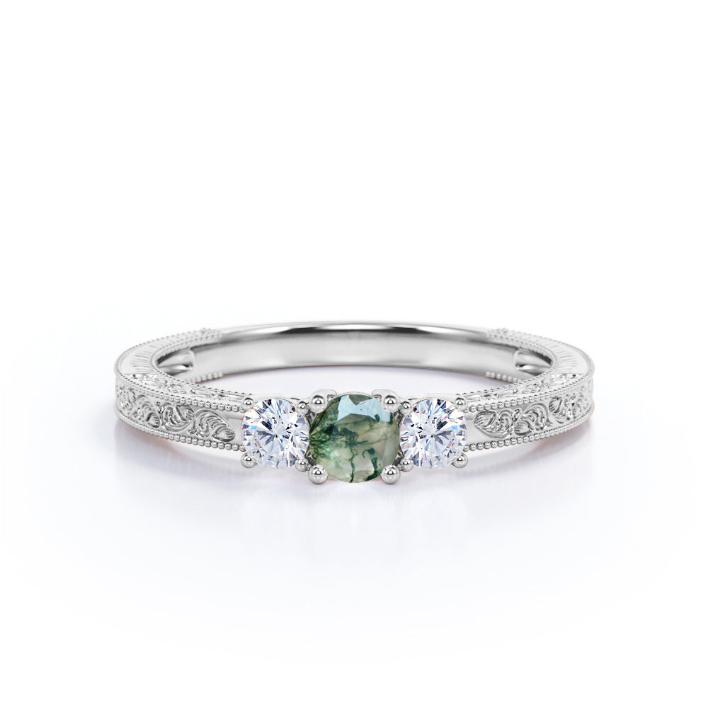 Past Present future 0.6 carat Round cut Moss Green Agate Milgrain Filigree Engagement ring in White gold