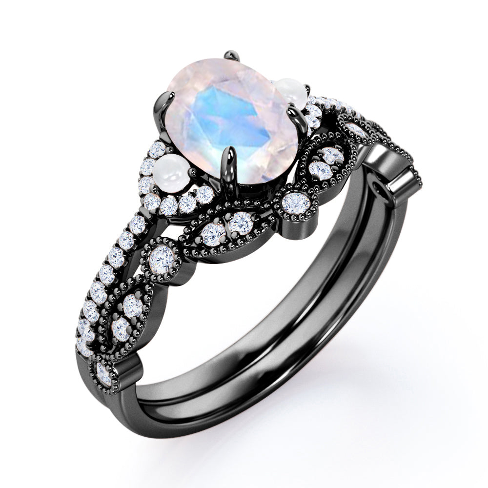 Chevron Milgrain 1.75 carat Oval cut Blue Moonstone, diamond and freshwater pearl wedding ring set for women in Rose gold