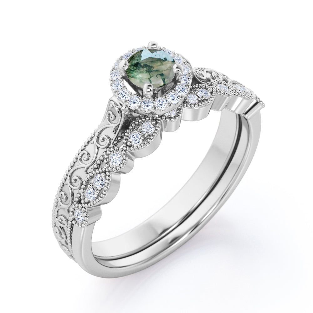 Authentic Filigree and Milgrain 0.9 carat Round cut Moss Green Agate and diamond wedding ring set in Rose gold