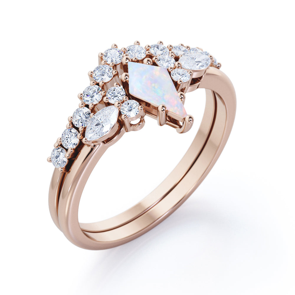 Contoured Bar set 1.2 carat Kite shaped Opal and diamond art deco inspired wedding ring set in White gold