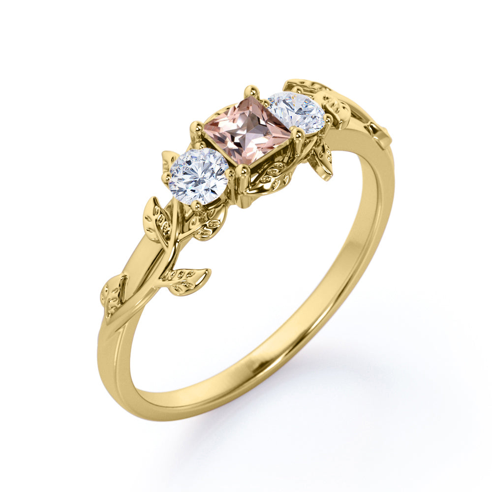 Tristone 1.1 carat Princess cut Morganite and round pave diamonds tree branch engagement ring in White gold