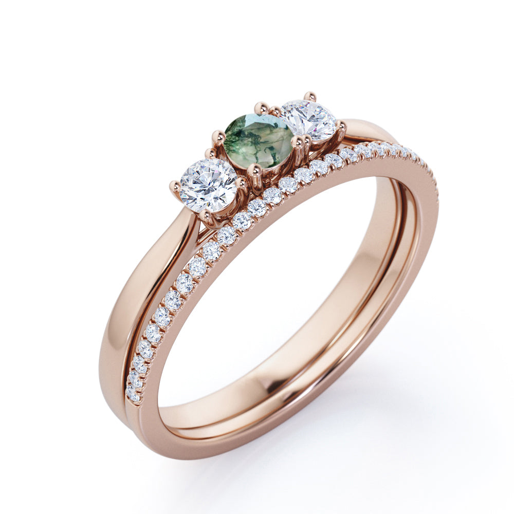Classic trio style 0.75 carat Round cut Moss green Agate and diamond eternity wedding ring set for women in White gold