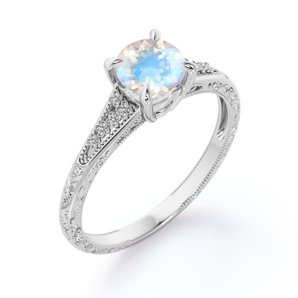 Solitaire 1 carat Round cut Moonstone claw prong setting-filigree split shank engagement ring in Rose gold