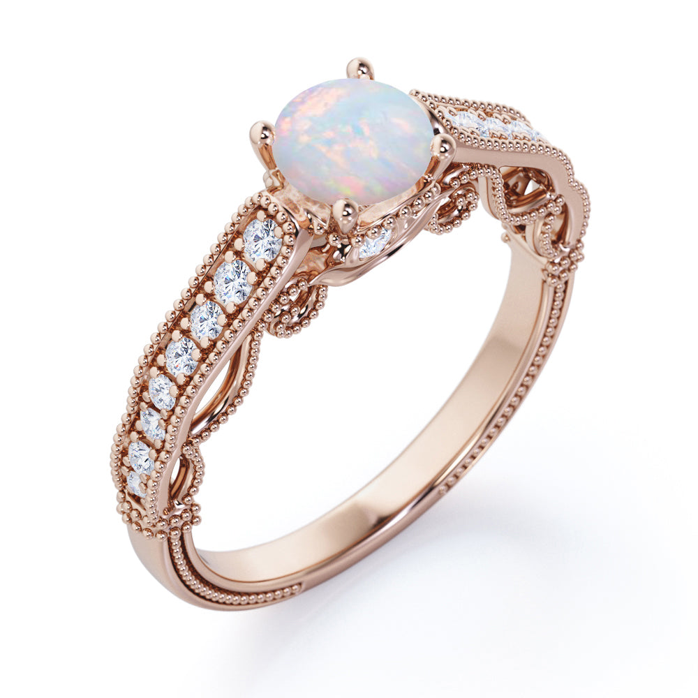 Art deco style 1.15 carat Round cut Australian Opal and diamond beaded engagement ring in Rose gold