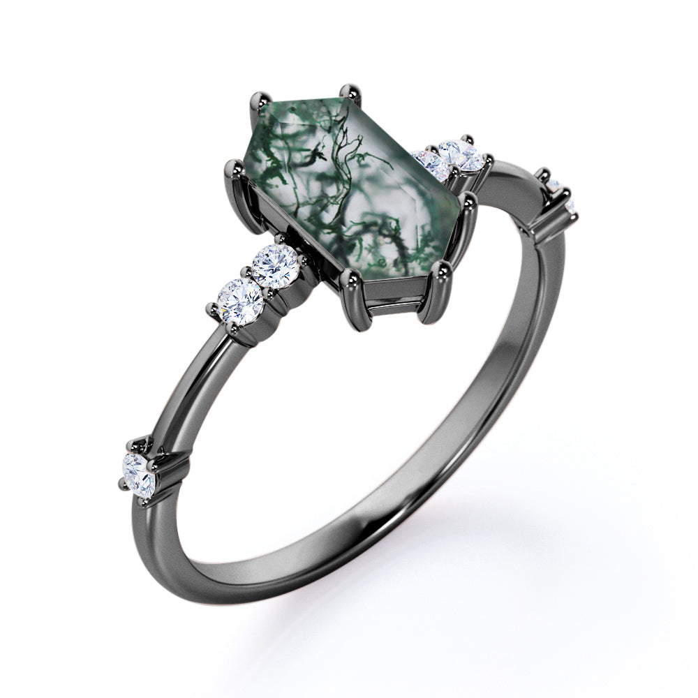 Asymmetric Prong style 1.1 carat Hexagon shaped Moss Green Agate and diamond earthy engagement ring in Rose gold