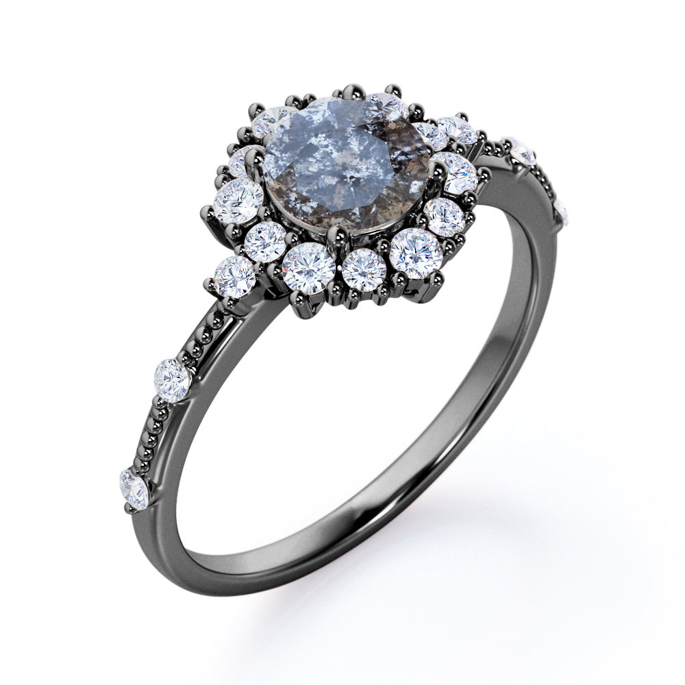 Floral Cluster 0.85 carat Round cut Salt and pepper diamond and White diamond beaded engagement ring in White gold