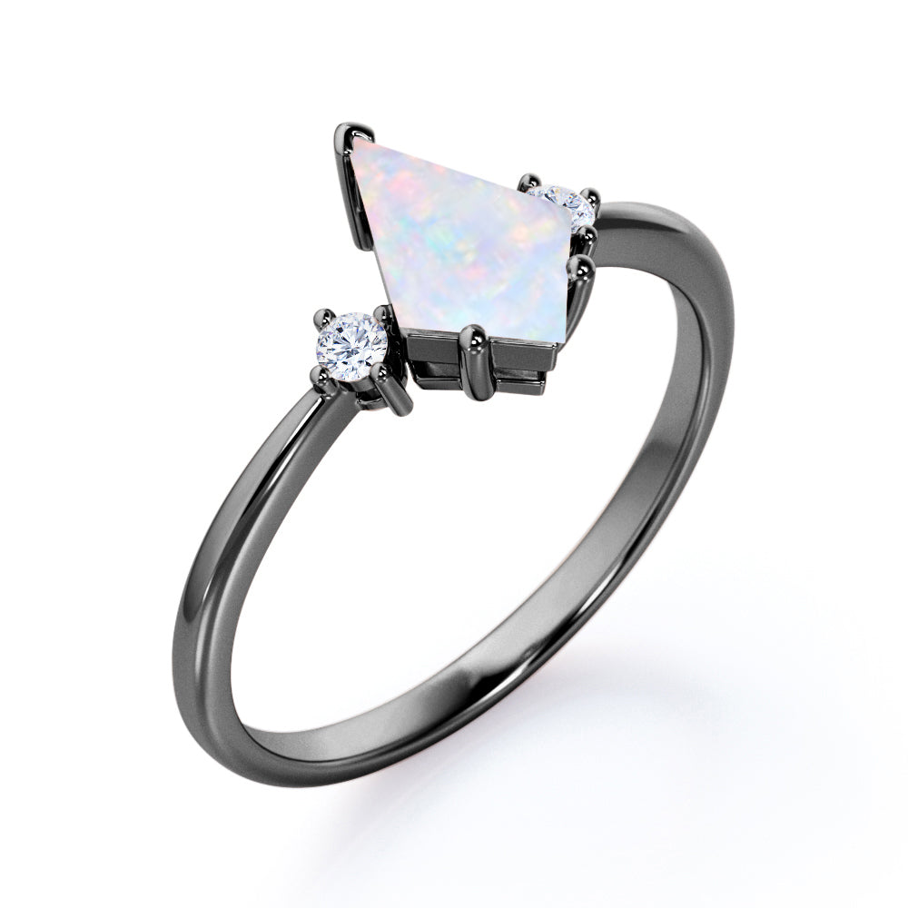 Timeless three stone 1.10 carat Kite shaped Fiery Opal and diamond prong style engagement ring in rose gold