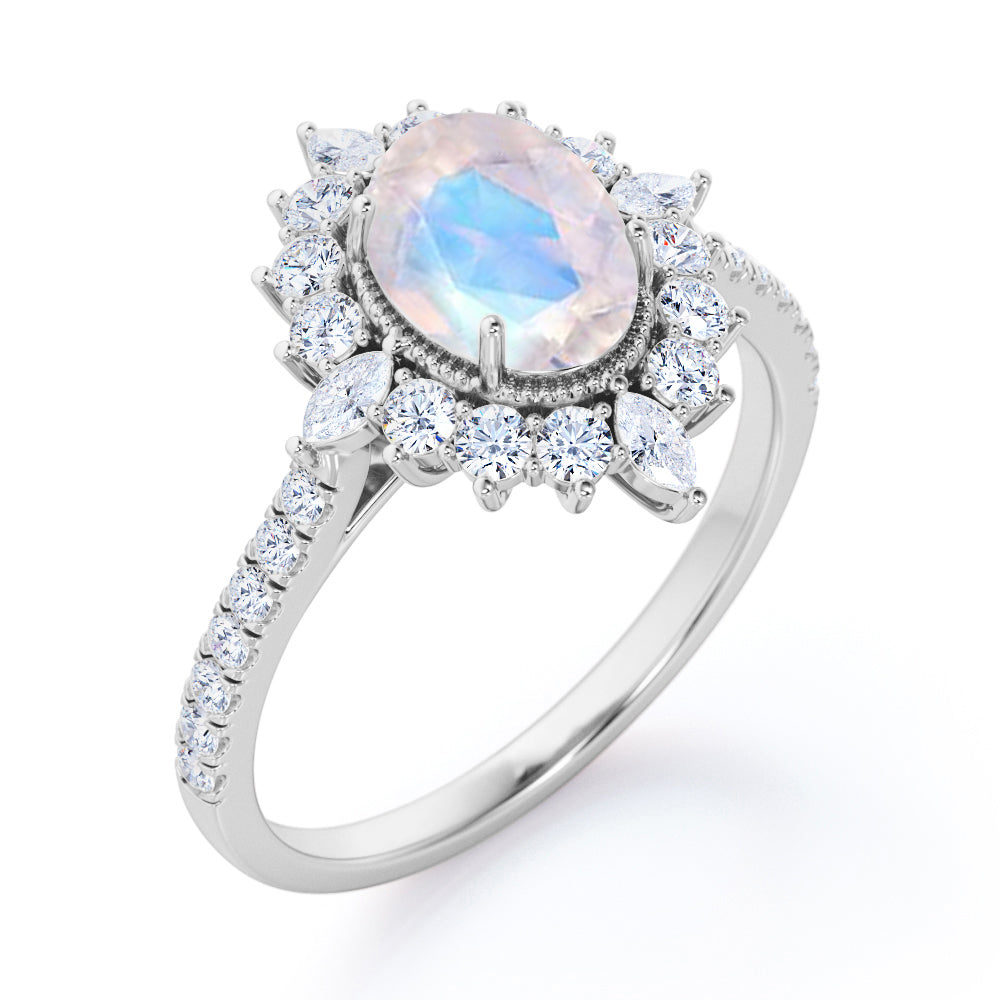 Huge Clustered Halo 1.5 carat Oval cut Moonstone and diamond Beaded eternity engagement ring in Rose gold