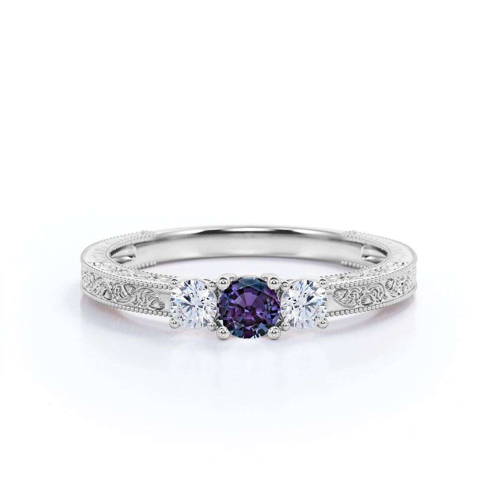 Filigree 0.6 carat Round cut Trilogy lab created Alexandrite and diamond Milgrain Engagement ring for women in White gold