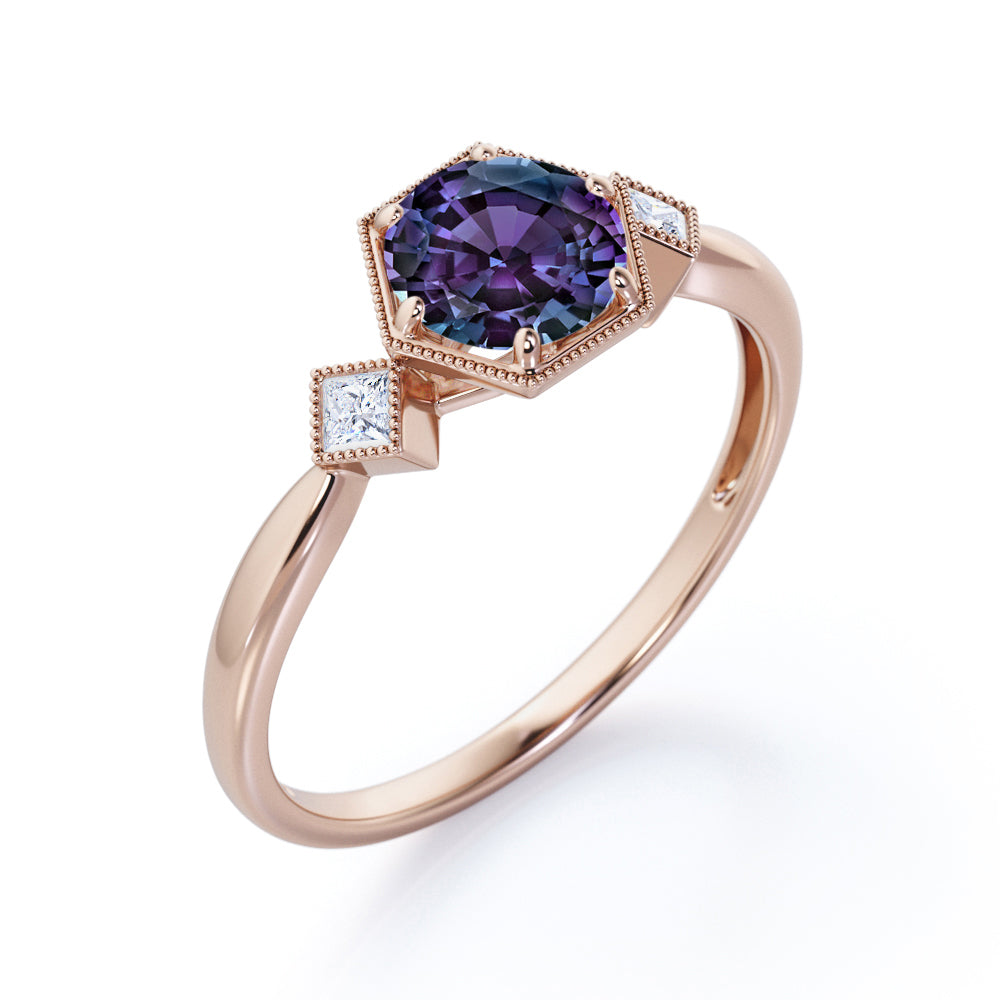 Past, Present and Future 0.6 carat Round cut Alexandrite milgrain setting-tapered shank engagement ring in Rose gold