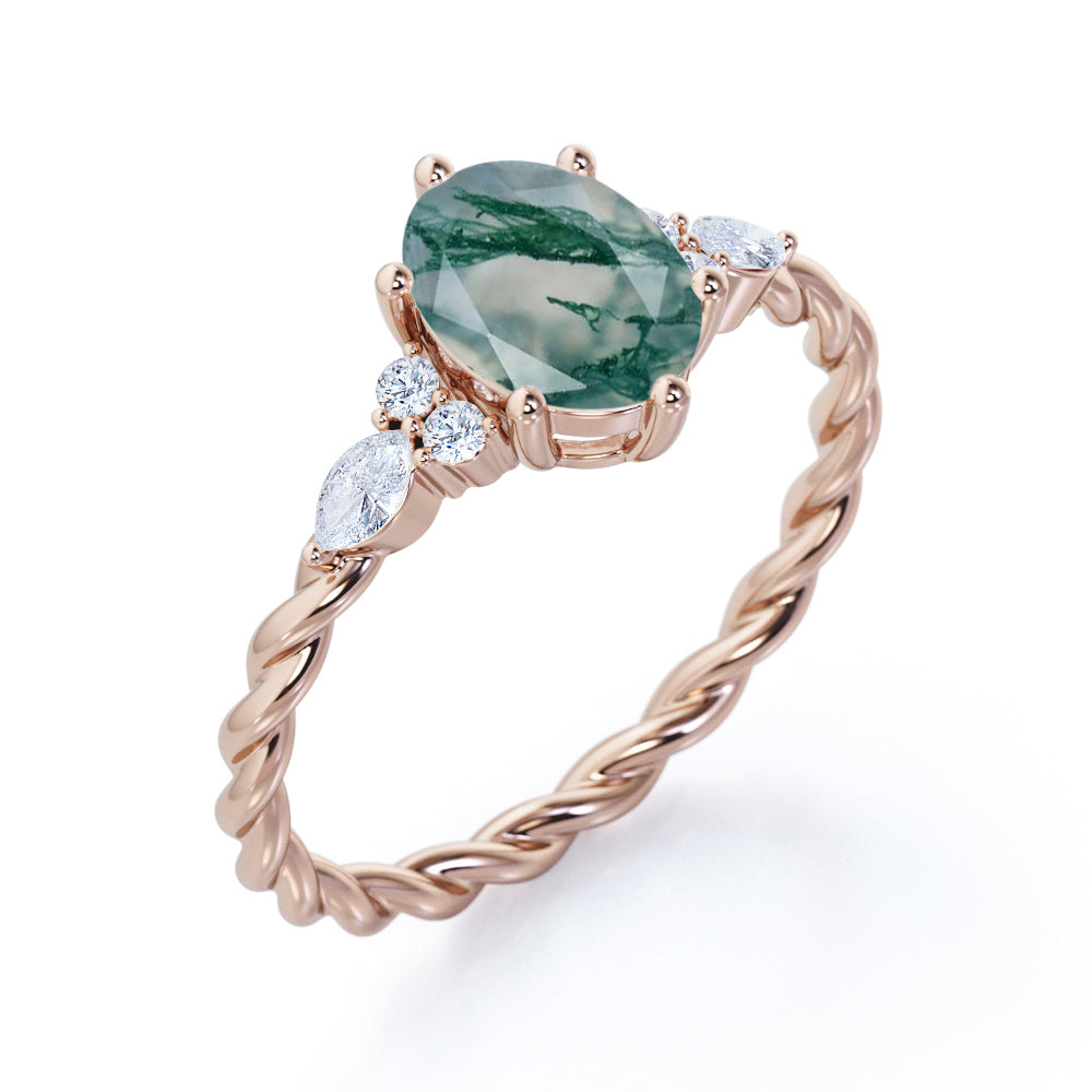 Vintage Braided 1.1 carat Oval cut Moss Green Agate and diamond infinity prong engagement ring in Black gold