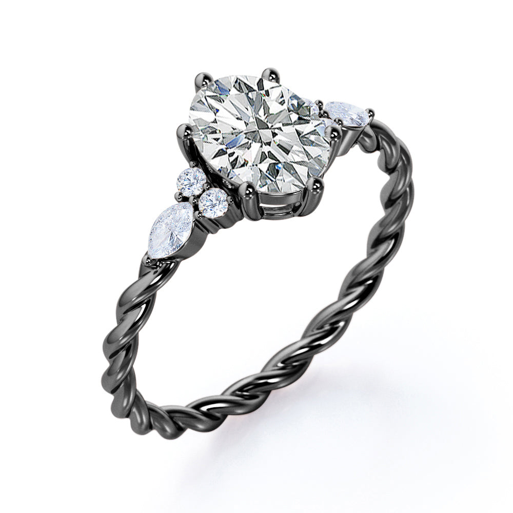 Twisted Rope style 1 carat Oval shaped Moissanite and diamonds 6 prong engagement ring White gold