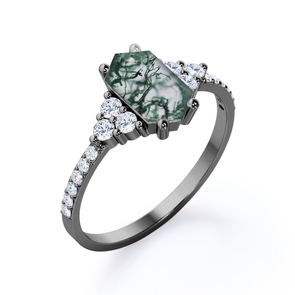 Modern Art deco 1.35 carat Hexagon cut Moss Green Agate and diamond pave setting engagement ring in White gold