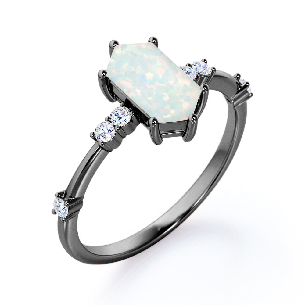 Contemporary art deco 1 carat Hexagon cut Australian Opal and diamond mid-century modern engagement ring in White gold