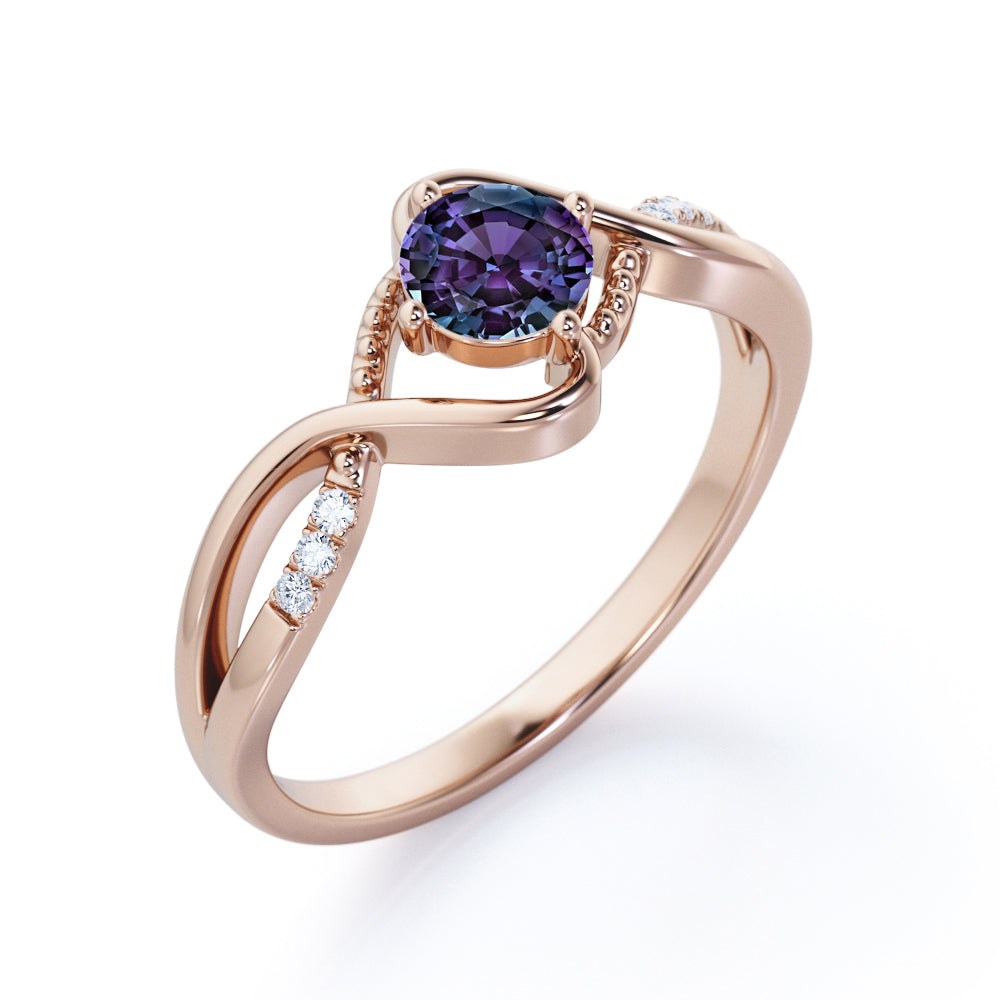 Twisted Branchlet 0.5 carat Round cut Synthetic Alexandrite and diamond infinity shank engagement ring in Black gold