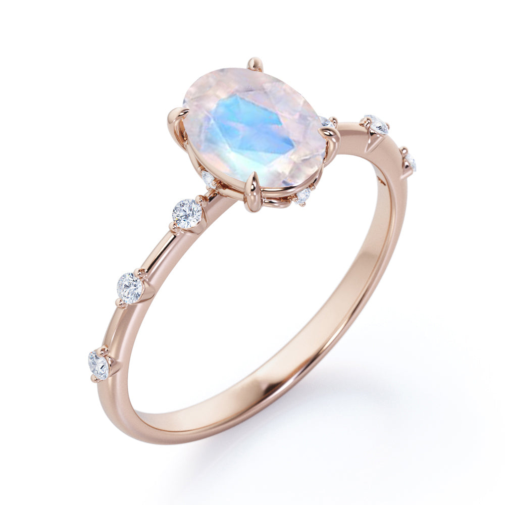 Branch Twig 1.1 carat Oval shaped Moonstone and diamond dainty engagement ring in Black gold