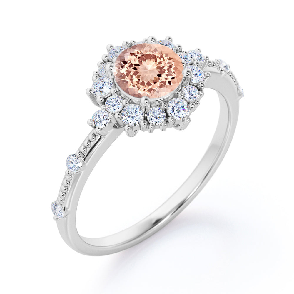 Flower Inspired 1.5 carat Round cut Morganite and diamond unique halo milgrain engagement ring in Rose gold