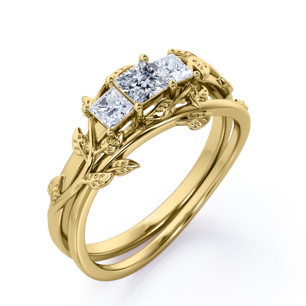 Triple stone 1.1 carat Princess cut Moissanite nature themed wedding rings for women in gold- Bridal ring set