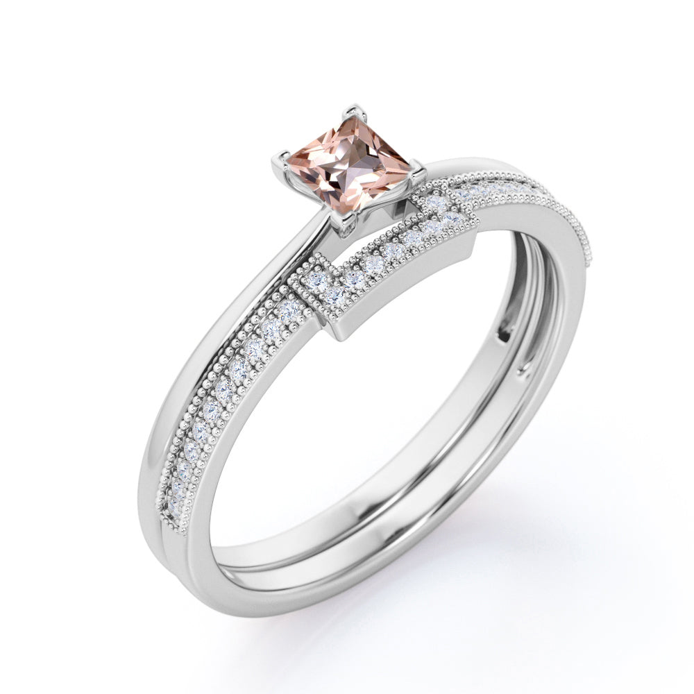 Eternity 0.75 carat Princess cut Pink Morganite and diamond Solitaire Bridal wedding ring set in Yellow gold