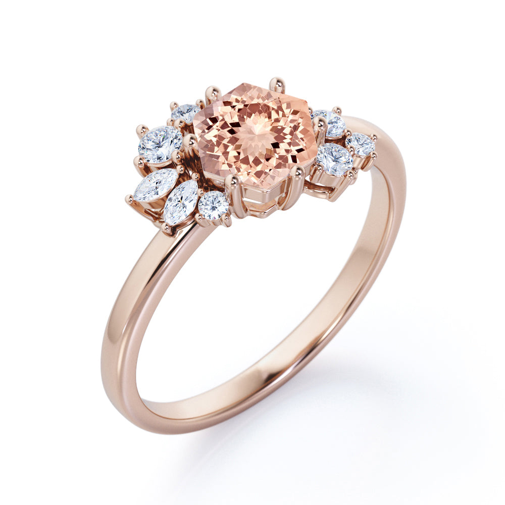 Art deco Inspired 0.65 carat Hexagon shaped Morganite and diamond flower engagement ring in White gold