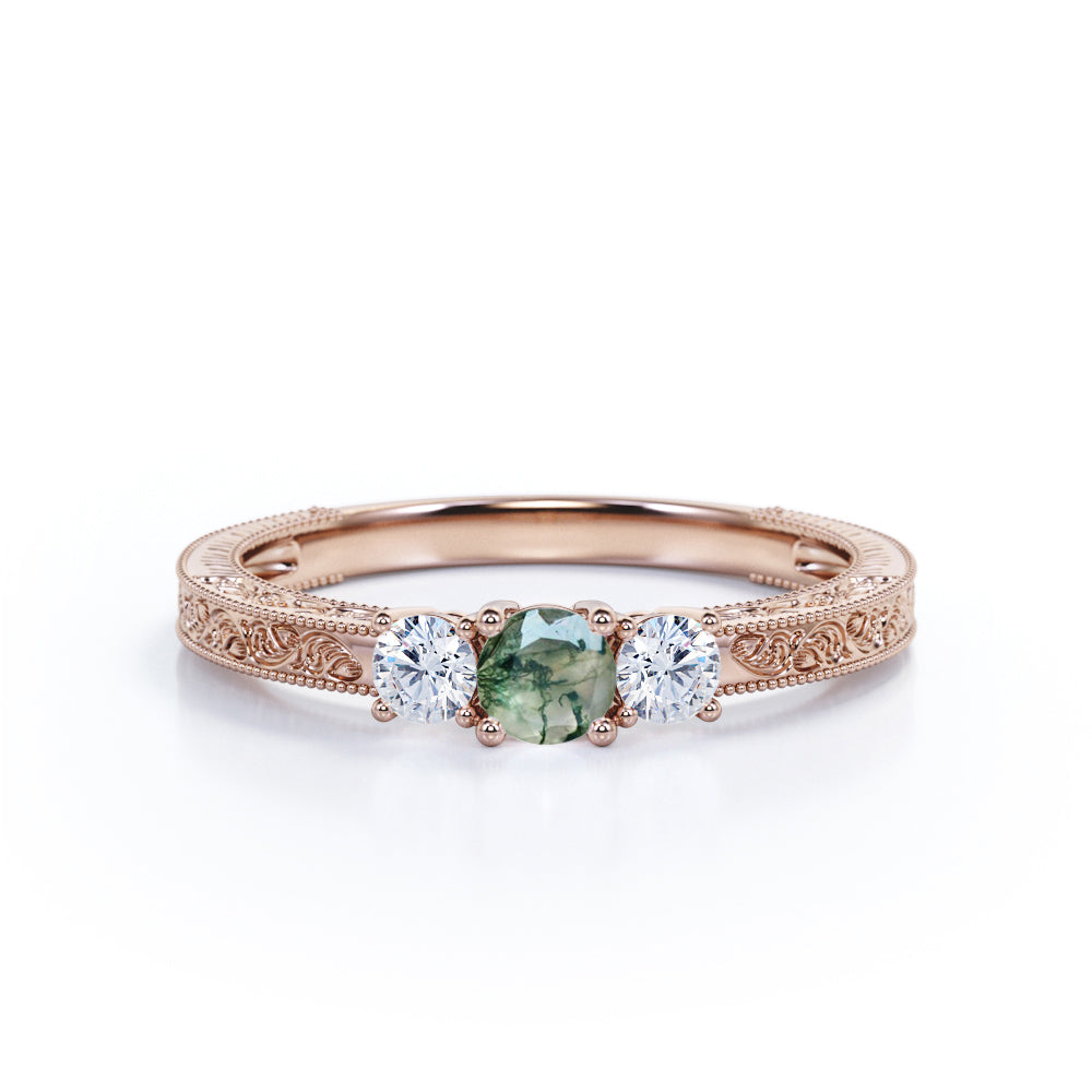 Past Present future 0.6 carat Round cut Moss Green Agate Milgrain Filigree Engagement ring in White gold