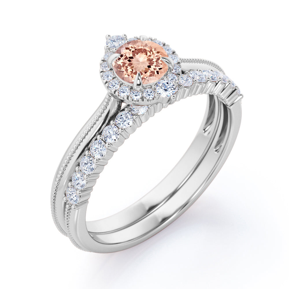Distinctive halo 1.45 carat Round cut Pink Morganite and diamond Milgrain border engagement ring and bar set wedding band - Bridal wedding set