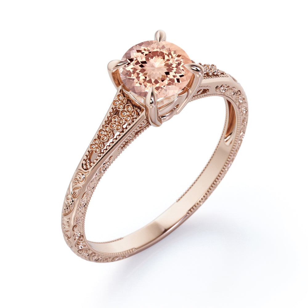 Filigree Split Shank 1 carat Round cut Pink Morganite nature inspired engagement ring in White gold