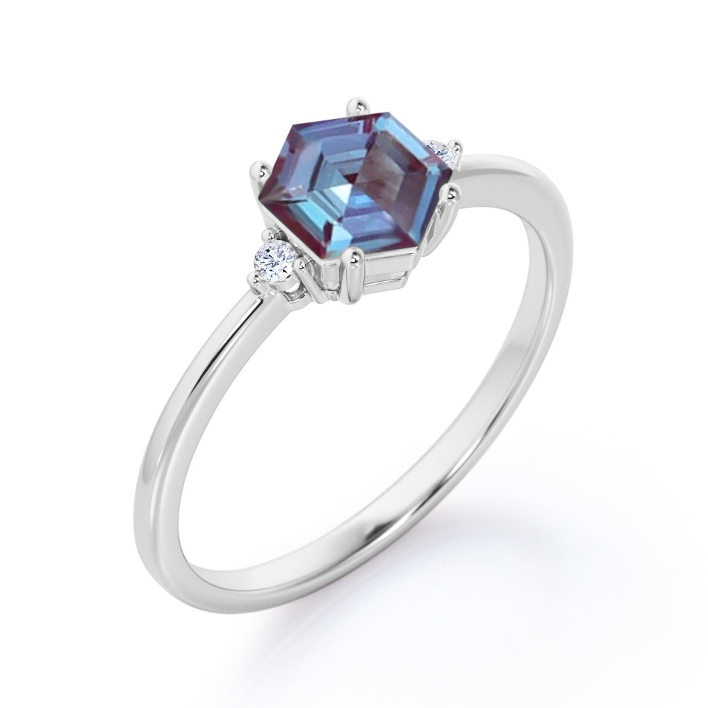 Classic 3 stone 0.55 carat Hexagon shaped lab created Alexandrite and diamond anniversary ring in White gold
