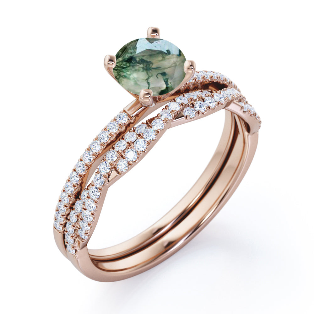 Elegant 1.50 carat Round cut 4 Prong Moss Green Agate and diamond Infinity Wedding ring set in White gold