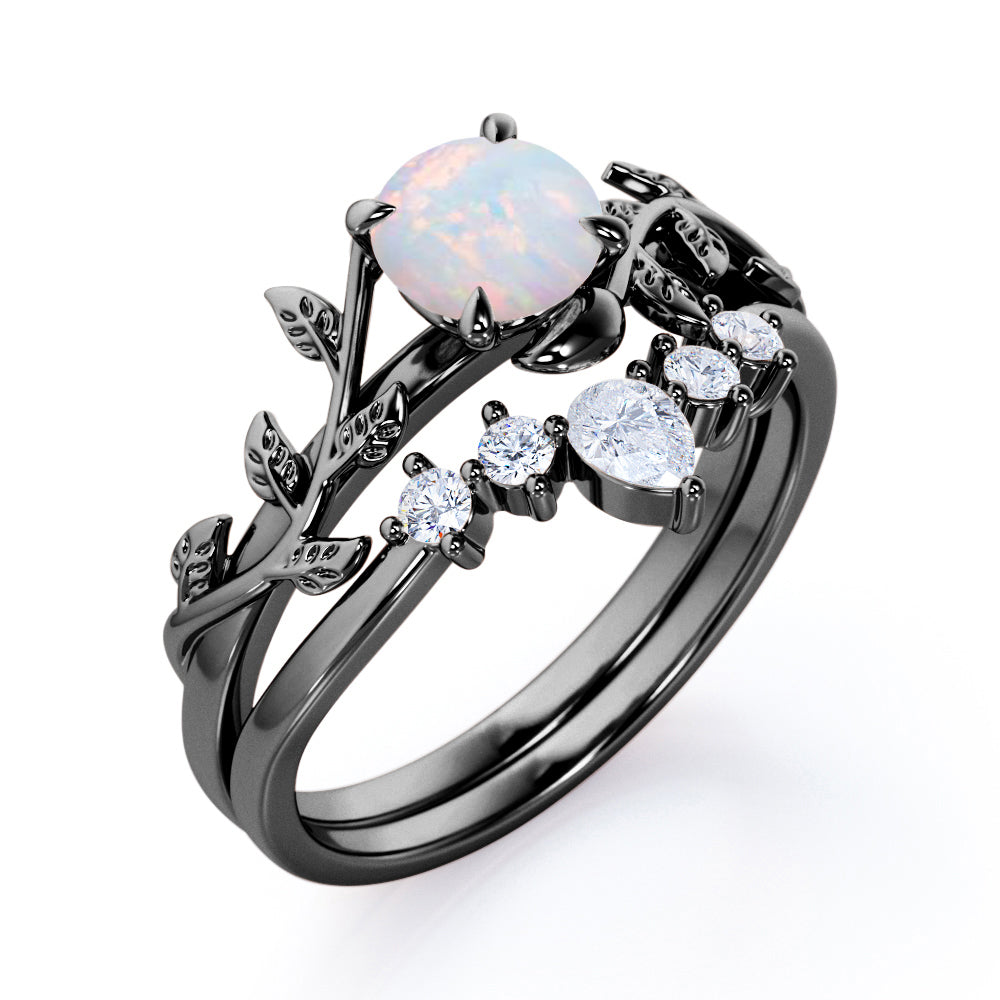 Exquisite contour 1.10 carat Round cut Opal and diamond nature inspired wedding ring set for women in Rose gold