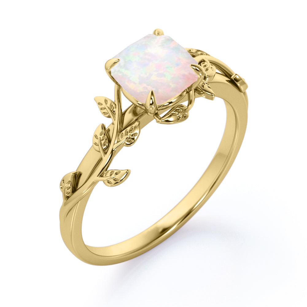 Nature inspired Cushion cut 1 carat Fire Opal Engagement ring for women in gold