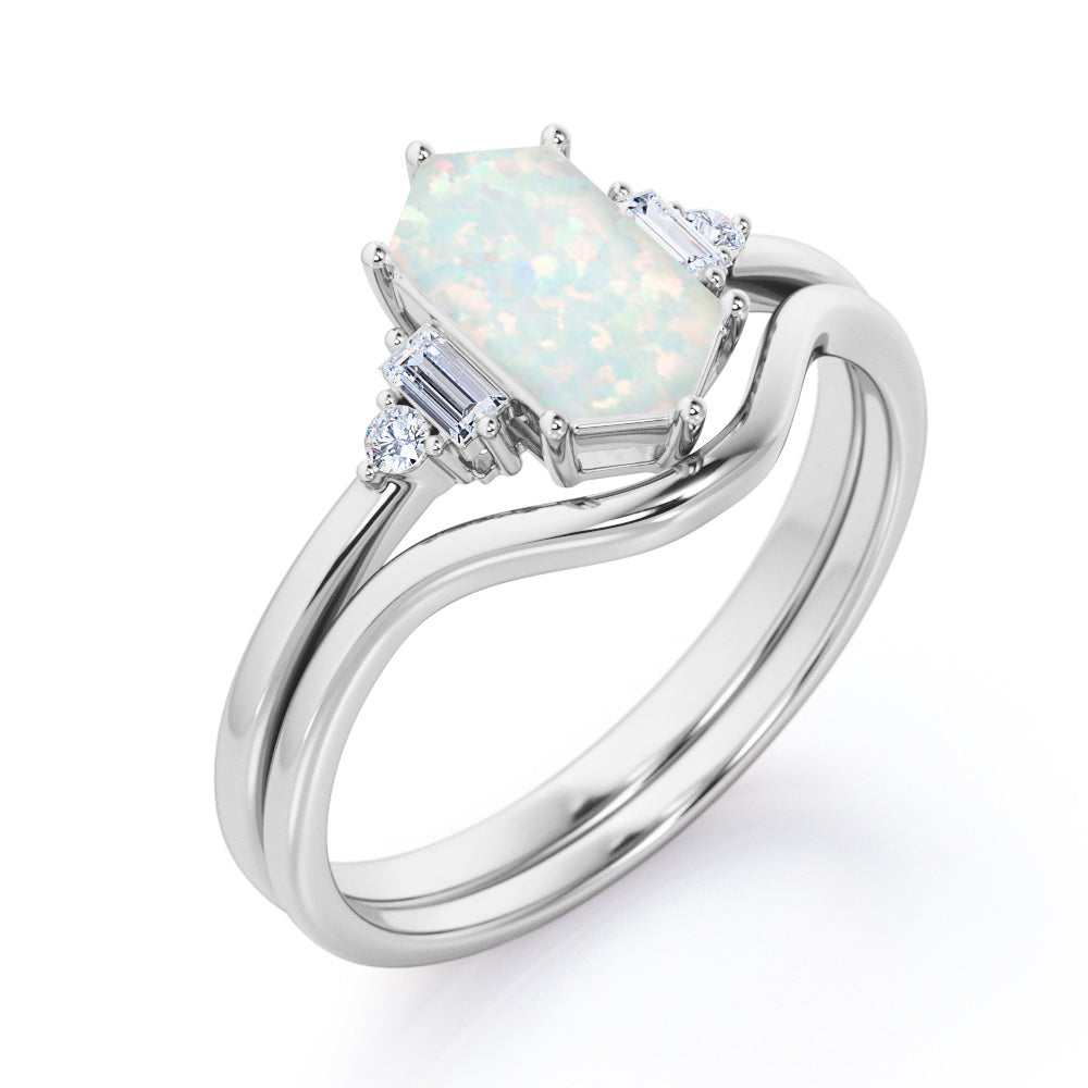Magnificent 1.15 carat Hexagon cut Opal and diamond engagement ring with U-shaped wedding band in Black gold-Bridal set
