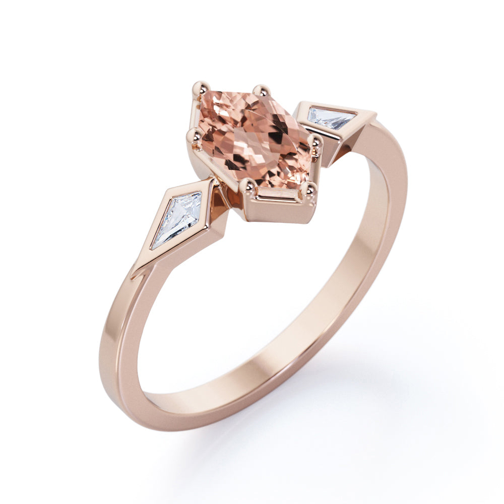 Intricate three stone 1.1 carat Hexagon shaped Morganite and kite diamond engagement ring in White gold