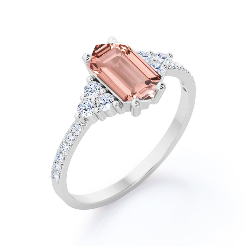 Elongated 1.5 carat Hexagon shaped Morganite and diamond pave eternity engagement ring in Black gold