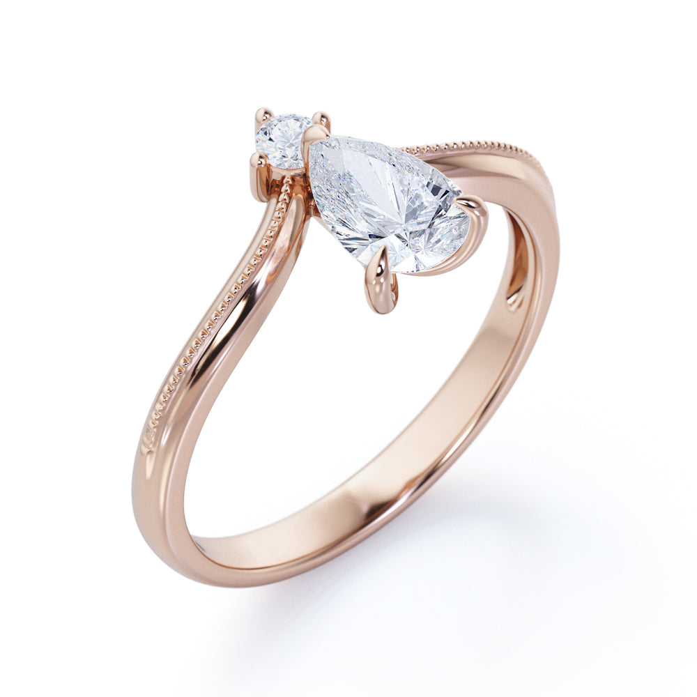 Modern Milgrain V shaped Pear cut 0.35 carat 2 stone diamond engagement ring in Gold
