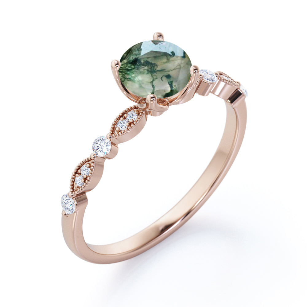 Classic art deco 1.1 carat Round cut Moss Green Agate and diamond engagement ring in White gold