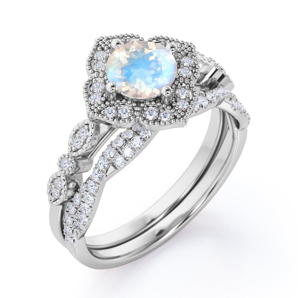 Vintage Flower inspired 1.75 carat Milgrain border Moonstone and half-infinity wedding ring set for her