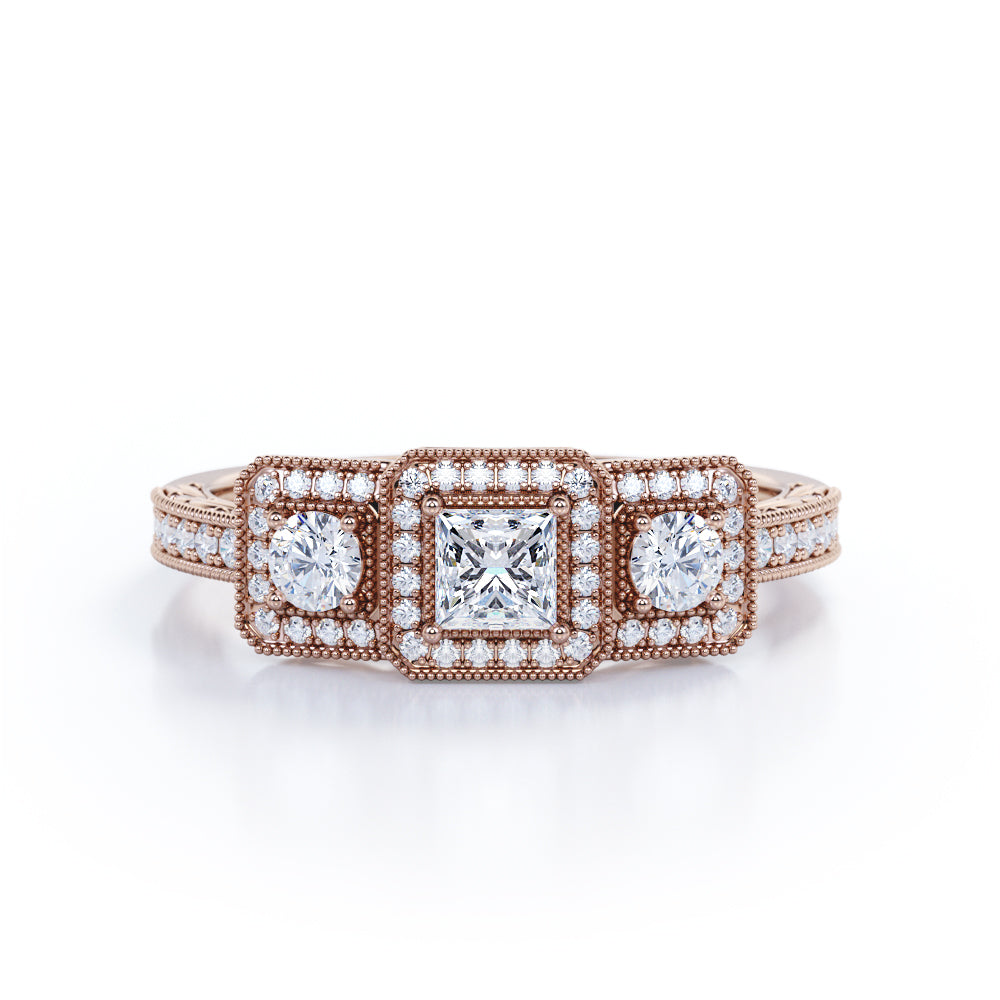 Triple stone Square Halo 1.3 carat Princess cut diamond Engagement ring filigree basket set in Gold