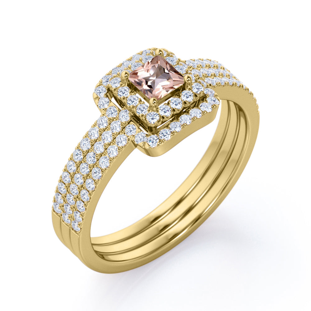 Authentic Antique 1.5 carat Princess cut Peach Pink Morganite and diamond trio wedding ring set for women in Rose gold