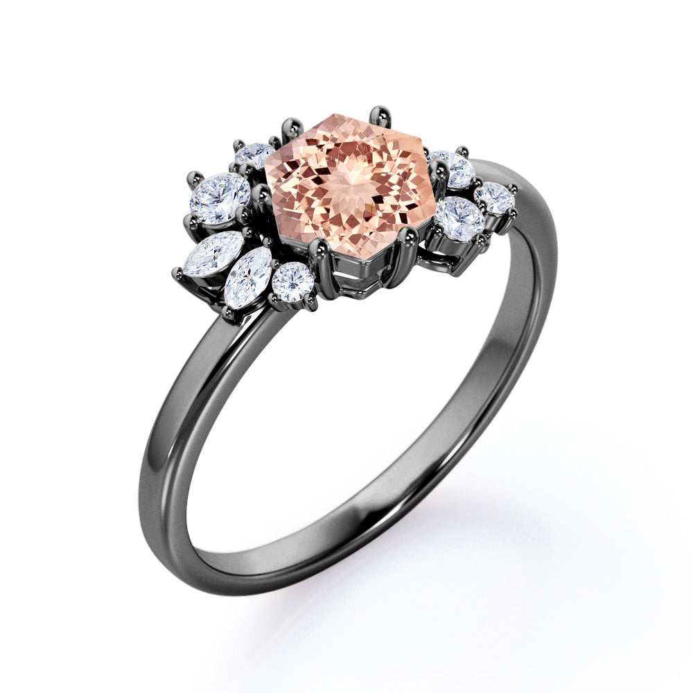 Art deco Inspired 0.65 carat Hexagon shaped Morganite and diamond flower engagement ring in White gold